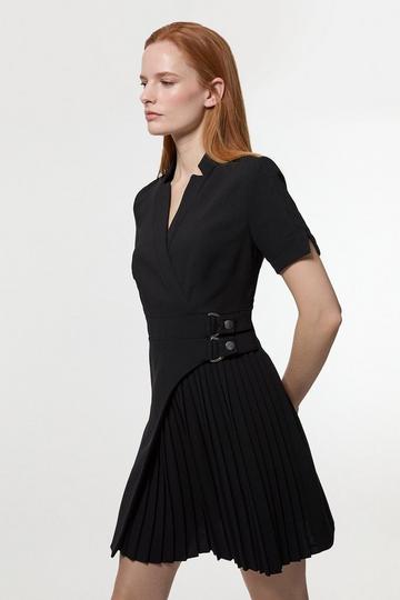 Black Tailored Military Pleat Notch Neck Wrap Mini Dress