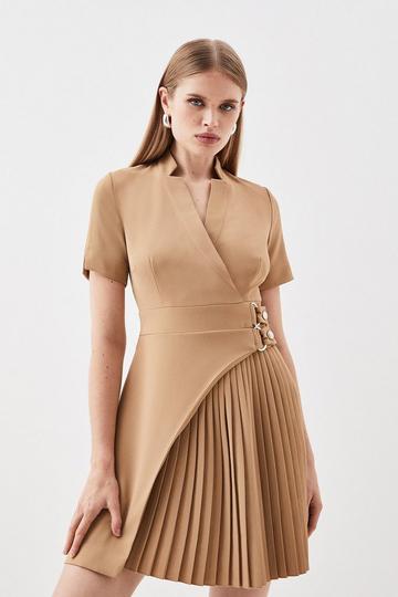 Tailored Military Pleat Notch Neck Wrap Mini Dress camel
