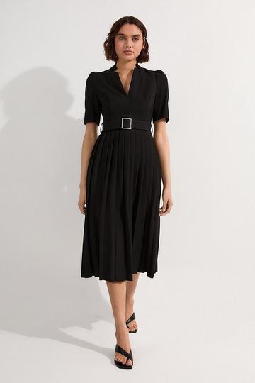 Tailored Structured Crepe Forever Pleat Belted Midi Dress black