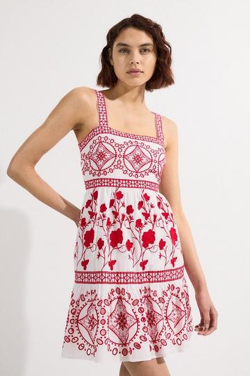 White Floral & Geo Embroidered Mini Dress