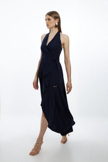 Navy Soft Tailored Waterfall Halter Maxi Dress