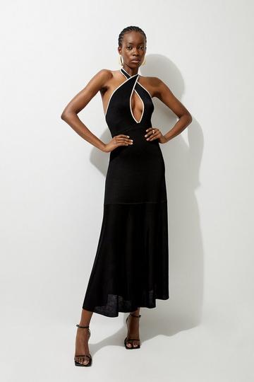 Black Slinky Knit Contrast Piping Halter Neck Maxi Dress