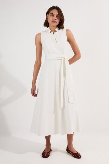 Denim Tailored Notch Neck Belted Fluid Midi Dress ivory