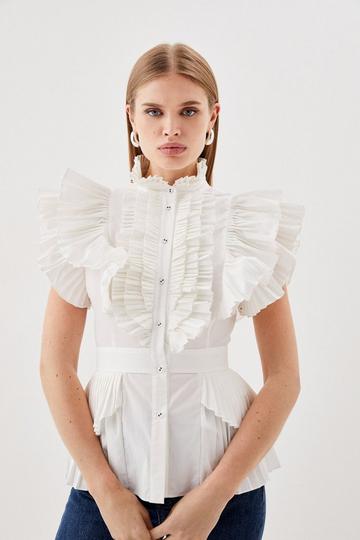 Sleeveless Pleated Ruffle Blouse white