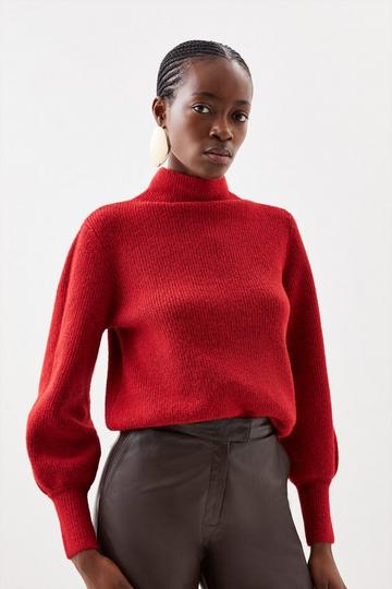 Red Wool Blend Cosy Funnel Knit Sweater