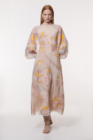 Yellow Applique Organdie Floral Graphic Woven Maxi Dress