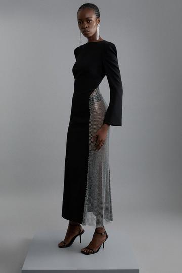 Black Viscose Woven Panelled Crystal Mesh Maxi Dress