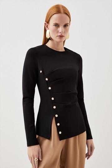 Black Ponte Tuck Long Sleeve Top