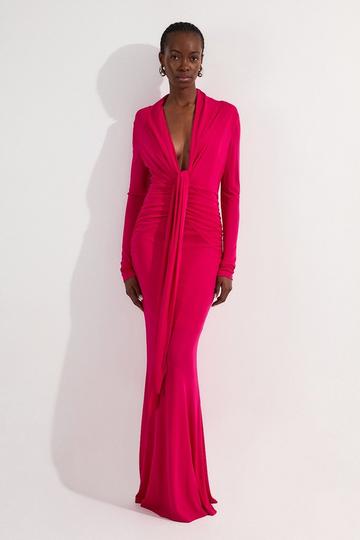 Premium Stretch Crepe Jersey Plunge Neck Maxi Dress raspberry