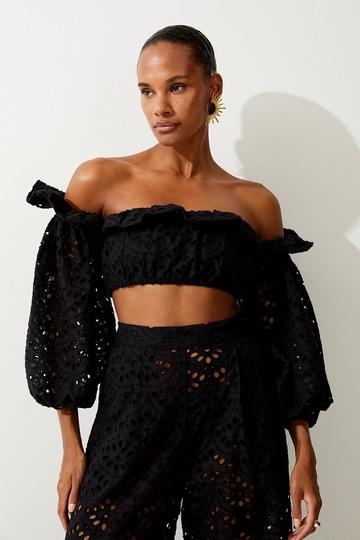 Black Beach Woven Bardot Broderie Top