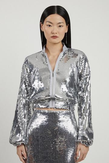 Sequin Woven Bomber Jacket silver