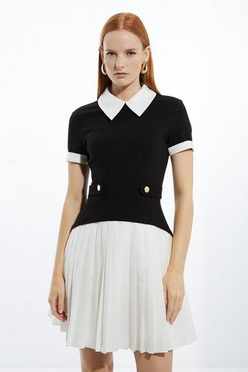 Black Jersey Cotton Poplin Pleated Mini Dress
