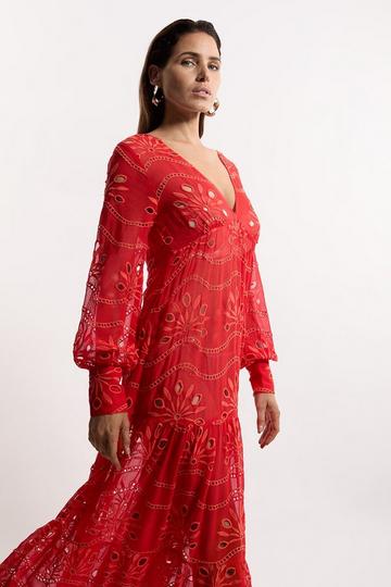 Red Viscose Georgette Cutwork Beach Maxi Dress
