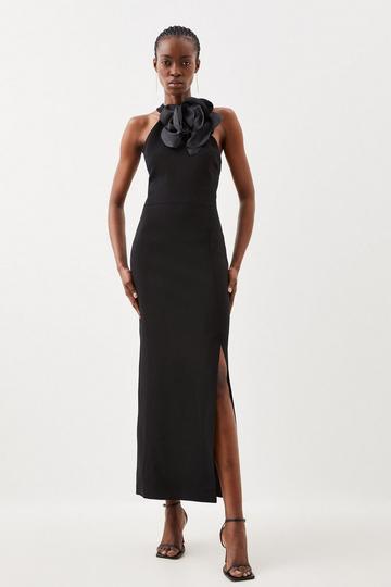 Petite Compact Viscose Corsage Halterneck Midaxi Dress black