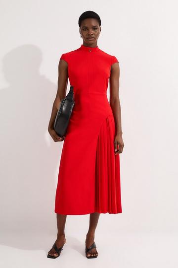 Tailored Crepe High Neck Side Pleat Detail Midi Dress red