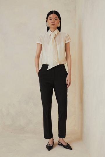 Black Petite Tailored Wool Blend Straight Trousers