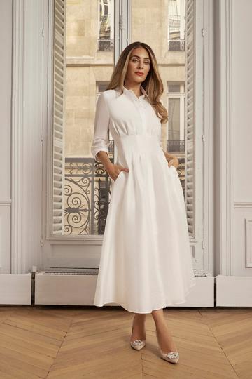 Lydia Millen Petite Tailored Taffeta Darted Waist Midi Dress ivory