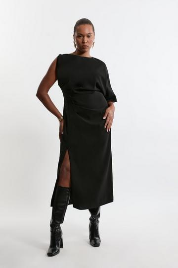 Plus Size Fluid Tailored Asymmetric Sleeve Maxi Dress black