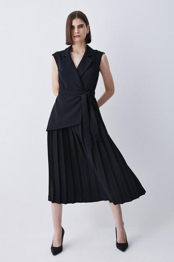 Petite Military Pleat Sleeveless Midi Dress black