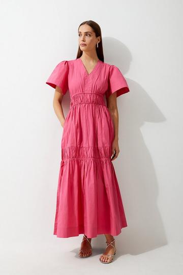 Cotton Woven Shirred Tiered Short Sleeve Maxi Dress pink