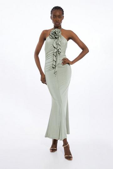 Backless Tie Rosette Slinky Jersey Maxi Dress sage