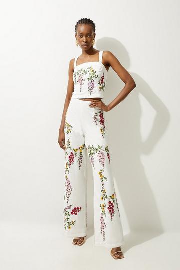 Floral Embroidered Cotton Linen Woven Strappy Top floral