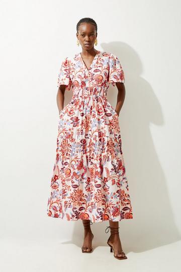 Botanic Floral Cotton Woven Maxi Dress red