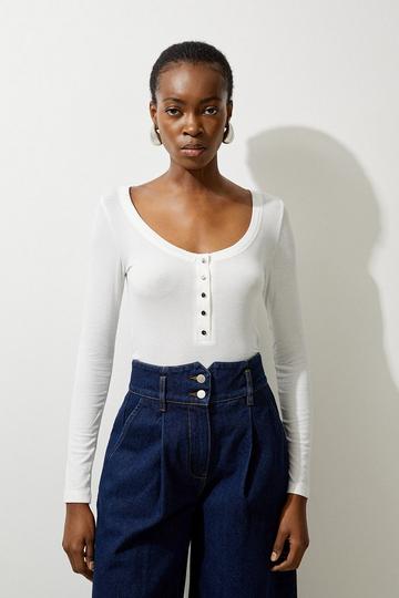 Lux Viscose Rib Jersey Long Sleeve Scoop Neck Top ivory