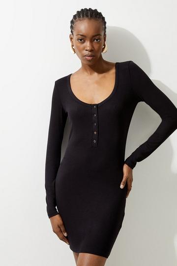 Black Lux Viscose Rib Jersey Scoop Neck Mini Dress