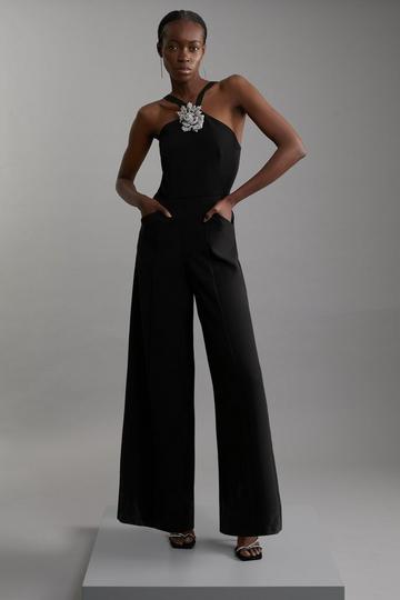 Petite Compact Stretch Viscose Crystal Embellished Rosette Straight Leg Tailored Jumpsuit black
