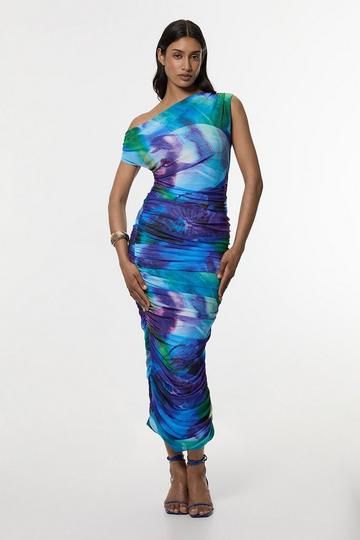 Printed Mesh Jersey One Shoulder Midi Dress purple