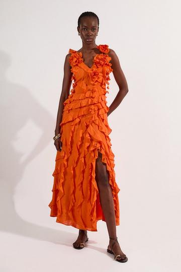 Ruffle & Applique V Front Viscose Woven Maxi Dress red