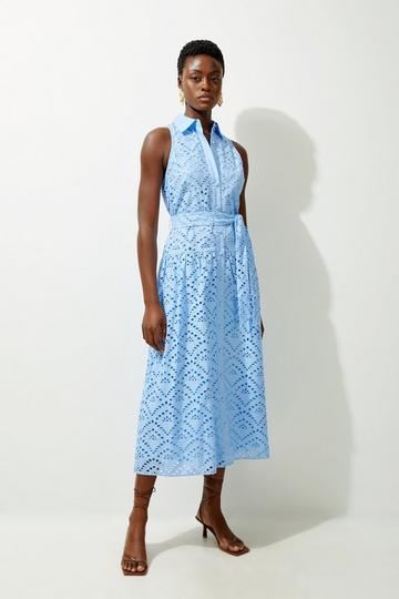 Cotton Broderie Belted Woven Maxi Shirt Dress blue