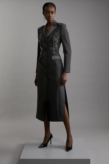 Black Crystal Embellished Tailored Tuxedo Blazer Midaxi Dress