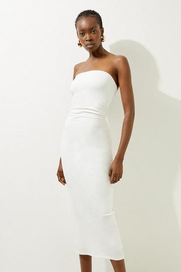 White Stretch Cotton Jersey Bandeau Midi Dress