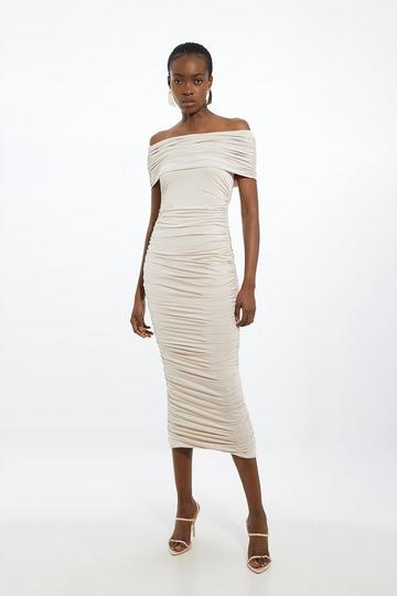 Drapey Slinky Jersey Bardot Maxi Dress oyster