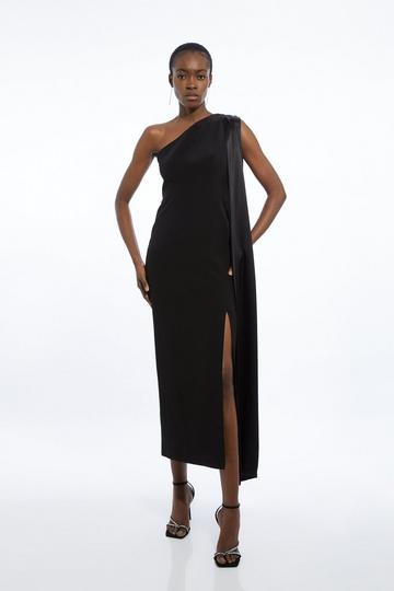 Black Viscose Satin Back Crepe Tailored One Shoulder Cape Maxi Dress