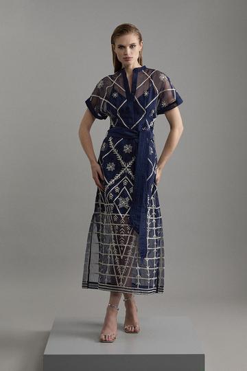 Navy Organdie Crystal Embellished Tie Waist Woven Maxi Dress