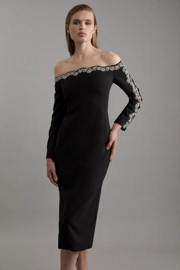 Crystal Embellished Scalloped Off The Shoulder Tailored Midaxi Dress black