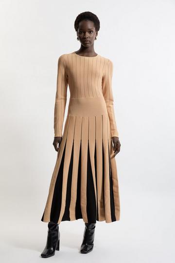Pointelle Color Block Full Skirted Viscose Blend Knit Dress camel