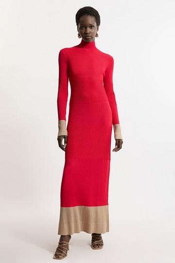 Red Drapey Ribbed Knit Column Maxi Dress