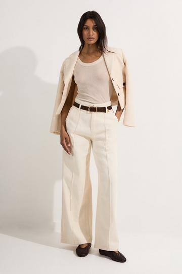 Cream White Denim Waistband Detail Wide Leg Trousers