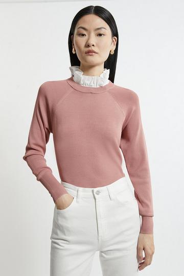 Premium Drape Knit Jumper With Removable Woven Frill Collar mink