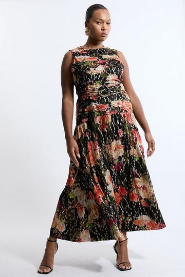 Plus Size Floral Printed Viscose Metallic Thread Beaded Woven Maxi Dress black