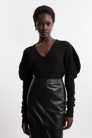 Alpaca Wool Blend Full Sleeve All Over Ribbed V Neck Knit Sweater black