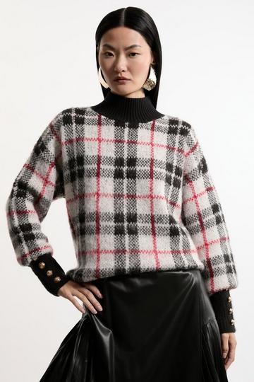 Red Brushed Jacquard Military Trim Knit Sweater