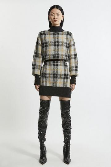 Yellow Brushed Jacquard Military Trim Knit Mini Dress