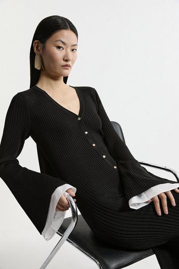 Premium Drape Rib Knit Woven Cuff Maxi Dress black
