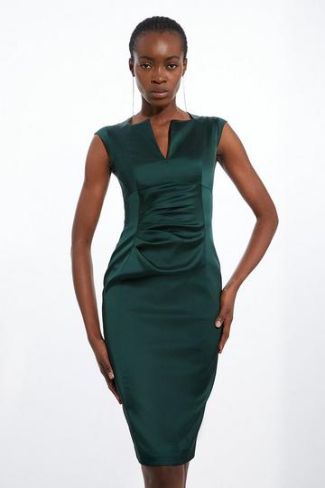 Italian Satin Tailored Envelope Neck Pencil Midi Dress forest