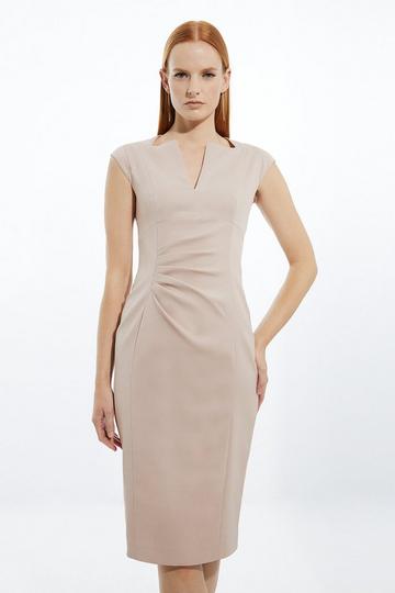 Italian Structured Rib Tailored Envelope Neck Pencil Midi Dress rose